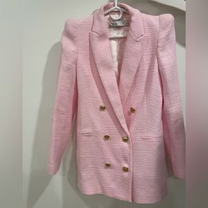 ZARA PINK TWEED LAPEL COLLAR TEXTURED TAILORED BLAZER GOLD BUTTONS
